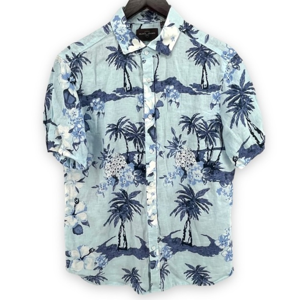 Black Brown Mens Button Down Shirt Blue Island Palm Tree Short Sleeve M 10500